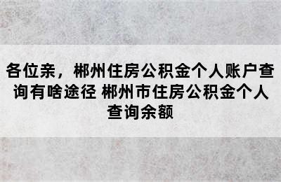 各位亲，郴州住房公积金个人账户查询有啥途径 郴州市住房公积金个人查询余额